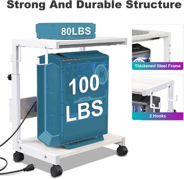 Регульована підставка для комп'ютерного блоку з 2 полицями та місцем для зберігання – для корпусів ATX, принтерів, з фіксуючими колесами (білий, W44 x D30 x H44-59.5см)