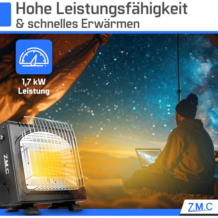 Мобільний газовий нагрівач та плита 2-в-1 Z.M.C. для кемпінгу, тераси, саду та балкону. Керамічний нагрівник 1,7 кВт з Piezo-запалюванням