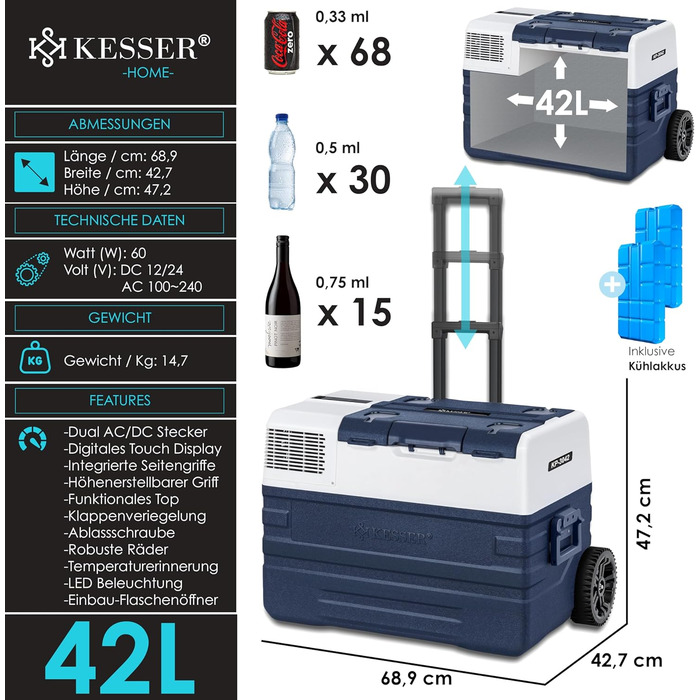 KESSER® Холодильник-морозильник компресорний електричний 42л, -20°C, з керуванням через додаток, USB, 12/24/230V, телескопічна стійка, колеса, для авто, вантажівки, човна, блакитний