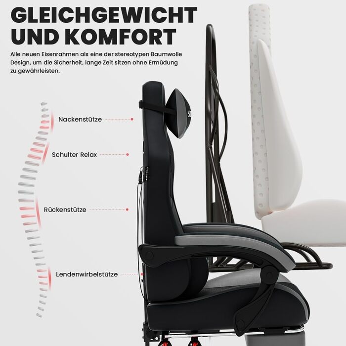 Ігровий крісло SUKIDA з підніжкою, ергономічний, для геймінгу та офісу, сірий