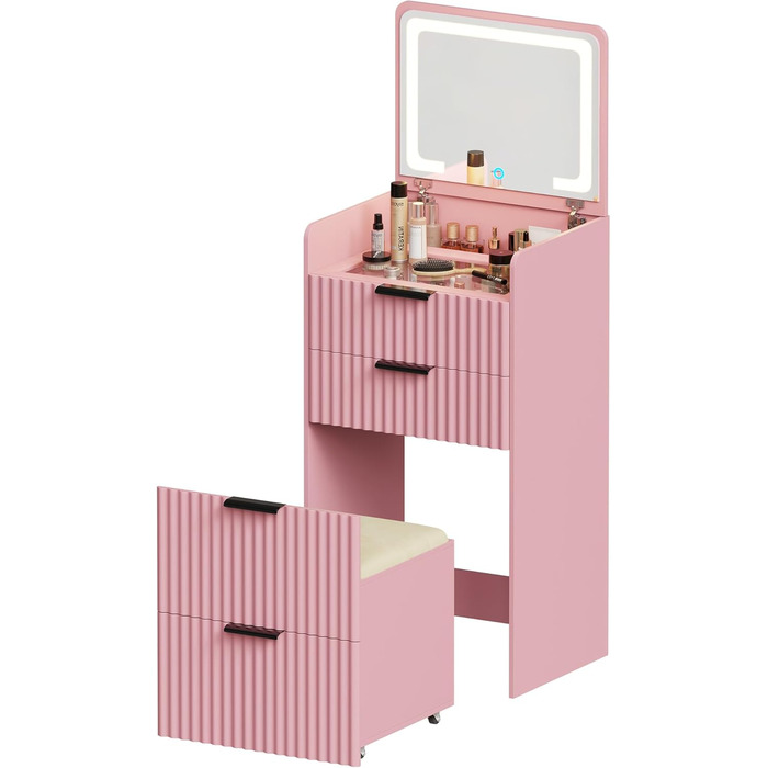 Трюмо Lvifur з LED-дзеркалом та 3 шухлядами, кутовий, для спальні, квартири, гуртожитку, білий (рожевий)