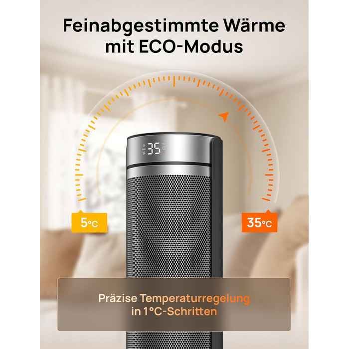 Електричний обігрівач Dreo 23 дюйми, 2000 Вт, тихий, з пультом, таймером, осциляцією, 5 режимів, PTC-кераміка, термостат, для великих приміщень, офісу, срібний