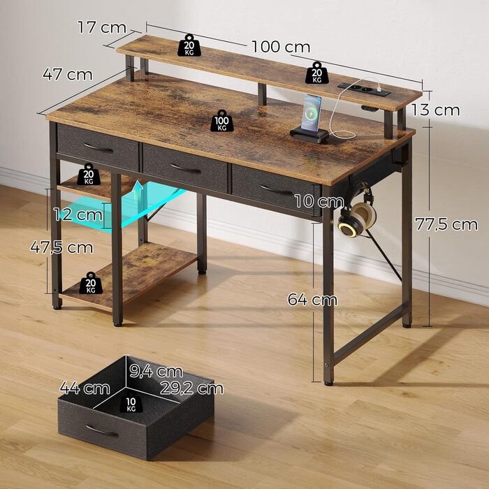 Комп'ютерний стіл Rolanstar з ящиками, розетками та LED підсвіткою, ігровий стіл з підставкою для монітора, полиця та 2 гачки, для офісу та вітальні (білий, 100x47x90,5 см)