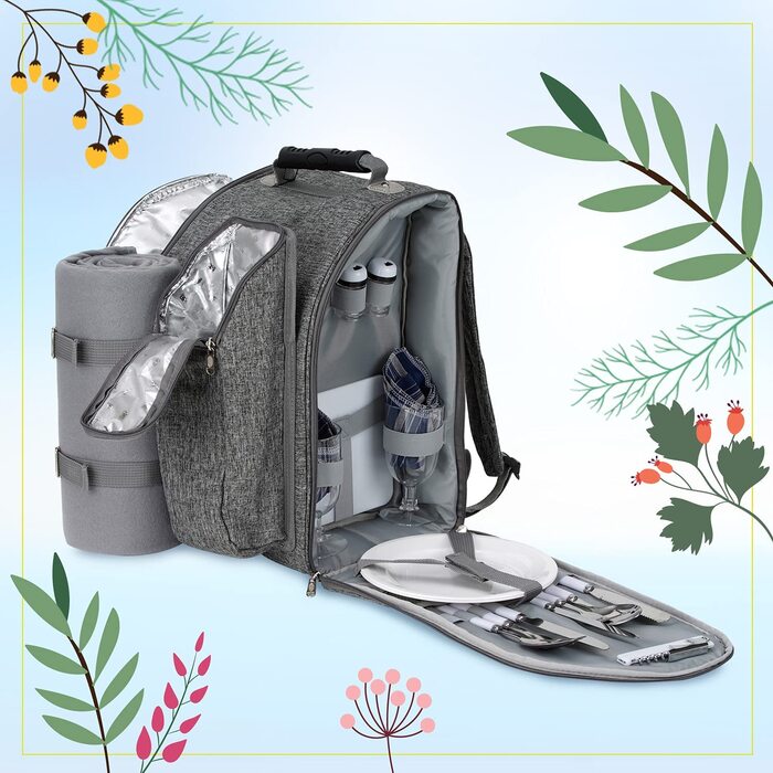 Рюкзак для пікніка на 2 особи BruBaker сірий, 28x40x22 см з термокишенею, ізольованим утримувачем для пляшок та флісовою ковдрою з водонепроникним дном