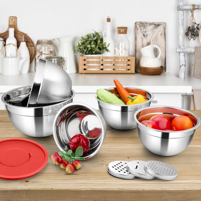 Набір мисок Homikit, 5 шт. з нержавіючої сталі, з кришкою та силіконовим дном, мультифункціональний, для салатів, 6.6L / 3.5L / 2.5L / 1.5L / 1L (червоний, з 3 тертками)