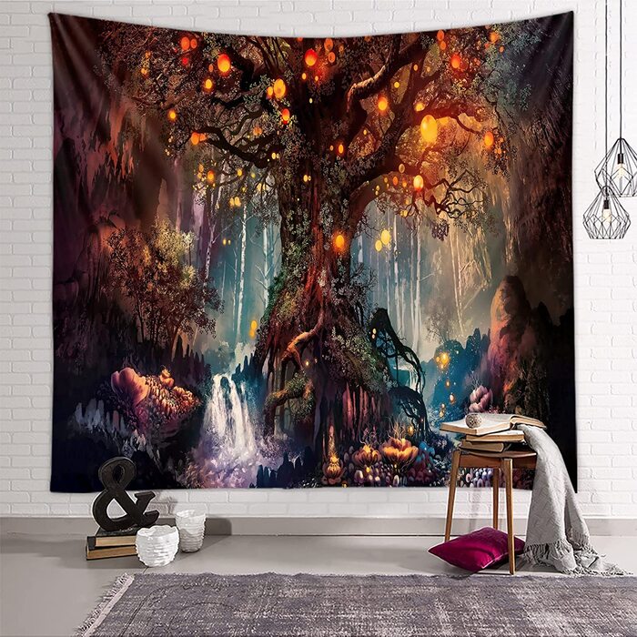 Гобелен Zodight, настінний розпис із зображенням водоспадів з ельфами під старим зачарованим деревом, гобелен, психоделічний Лісовий декор для спальні, вітальні, гуртожитку (200 х 150 см, Древо життя 2)