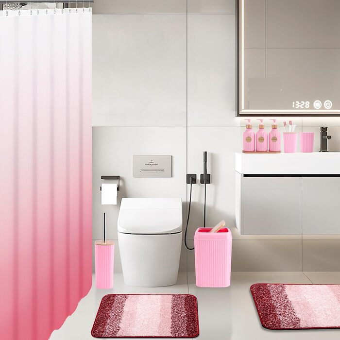 Набір для ванної кімнати 17 предметів: аксесуари для ванної, сміттєвий бак, дозатори мила, тримач для зубних щіток, дерев'яні гачки (рожевий). Підходить для ванної та кухні
