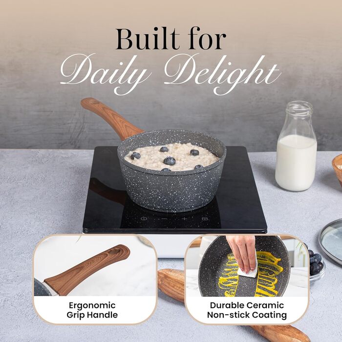 Набір каструль та сковорідок з антипригарним покриттям Nuovva - 15 предметів, з кришками, для індукційних плит, з гранітним покриттям