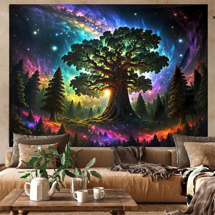 Гобелен Arsey Blacklight Forest Trippy UV реактивний, Дерево Зірки Галактика, 300x180см, Багатобарвистий, XXXL