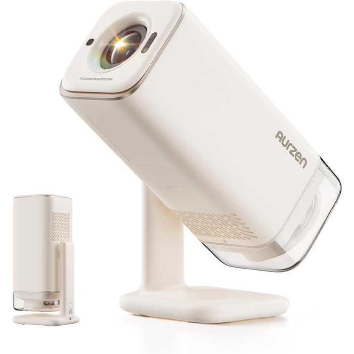 Портативний проєктор Aurzen Boom Air Mini з Google TV та Netflix, 4K, USB-C, Smart, Dolby Audio, WiFi, Bluetooth, автофокус TOF, поворотний штатив, кремово-білий