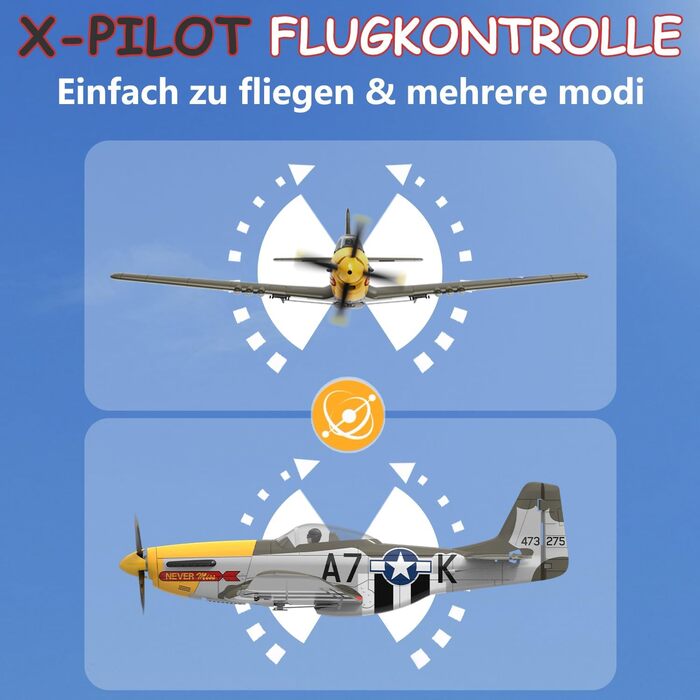 RC літак HAWK'S WORK P-51D Mustang 2.4GHz - Готовий до польоту, 6-осьовий гіростабілізатор, для дітей та початківців (зелений, безщітковий)