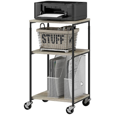 Підставка для принтера з 3 рівнями, регульована по висоті, мобільний стіл для принтера на колесах, для домашнього офісу, металева та дерев'яна