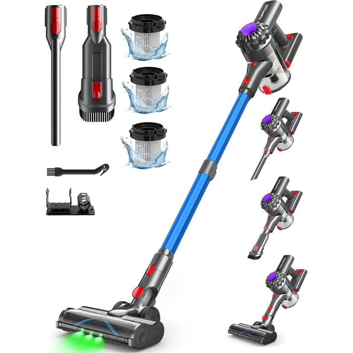 Бездротовий акумуляторний пилосос V15: 35KPa, 6-в-1, для тварин, тверді підлоги та килими (блакитний)