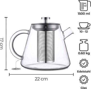 Чайник SILVERTHAL з ситовою вставкою-скляний-1,5-літровий-повний чайний ароматизатор з довгим ситечком-Чайник також для чаю з льодом