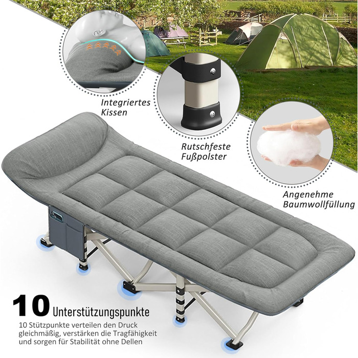 Розкладне кемпінгове ліжко CALIYO, польове ліжко для гостей до 200 кг, 190 x 68 x 40 см, з сумкою для зберігання, світло-сіре