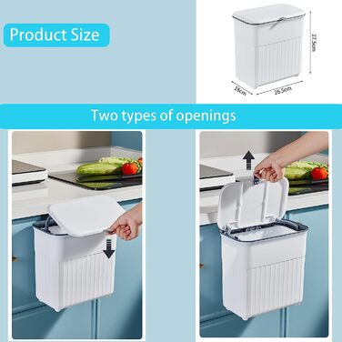 Настінний пластиковий складний сміттєвий бак HUAPPNIO для кухні, підвісний сміттєвий бак для дверей шафи, 8 л (білий) (білий з кришкою)