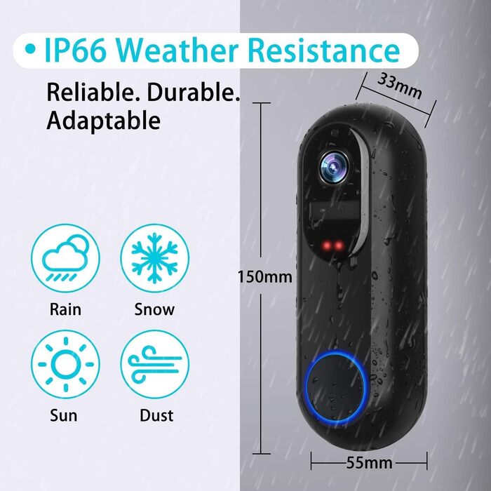 Відеодзвінок UCOCARE з камерою, 2K HD, Wi-Fi, ширококутний об'єктив, нічне бачення, водонепроникний IP66, підтримка SD/Cloud-пам'яті