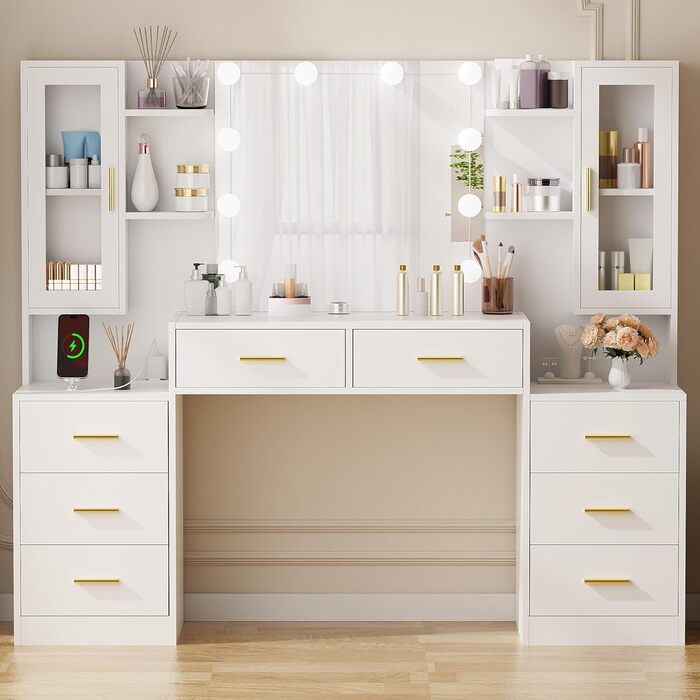 Великий туалетний столик ANWBROAD з LED-підсвіткою (3 кольори), розетками, дзеркалом та 8 висувними ящиками. Сучасний дизайн, колір - білий, розмір 150x135x40 см. Модель BDT67W