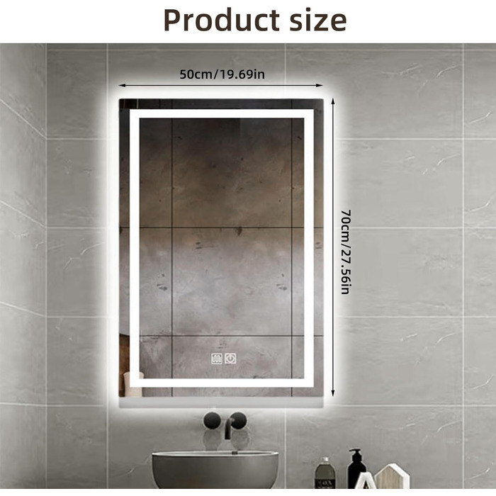 Дзеркало для ванної кімнати з підсвіткою LED, з 3 колірними температурами та функцією проти запотівання. Сенсорне керування. Підходить для готелів, вітальні, спальні.