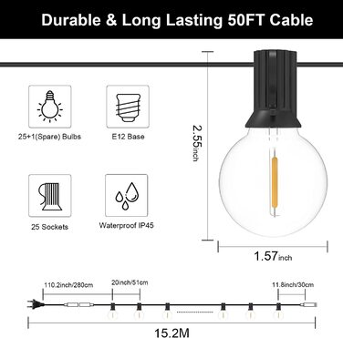 Зовнішні світлодіодні ліхтарі GLUROO 15M, 26 стійких до ударів ламп G40, IP45, для саду та вечірок