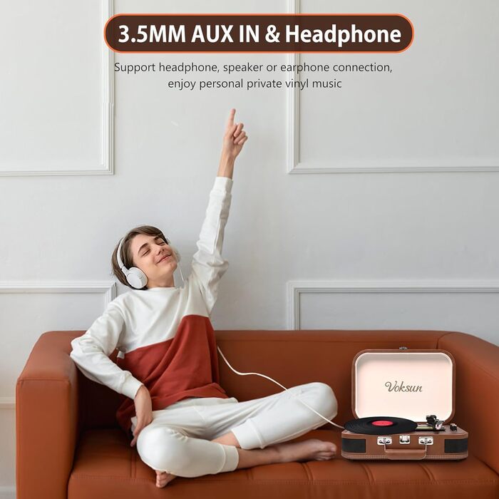 Вініловий програвач з динаміками і Bluetooth 5.4, USB, RCA/AUX, 33/45/78 об/хв, портативний ретро-кейс, коричневий