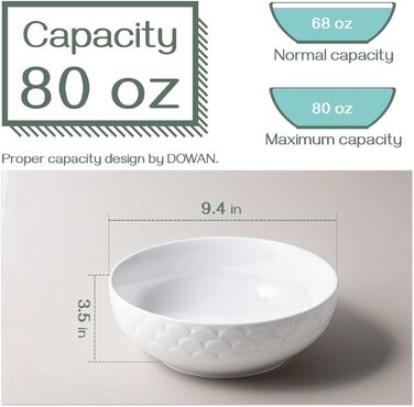 DOWAN 24,1 см Великі миски для подачі Біла салатна паста Порцелянова миска для змішування Міцний штабельований набір з 2 штук 2.5 QT