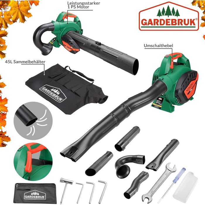 Бензиновий сапужок Gardebrük 4-в-1: сапужок, повітродувка, подрібнювач листя, садовий пилосос з мішком 45L та інструментами