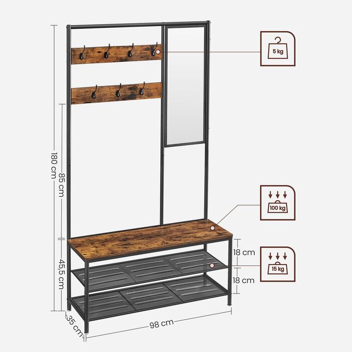 Вішалка для одягу з гачком Mirror Bench - вінтажний коричневий + чорний