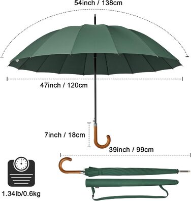 Велика туристична парасолька для гольфу для 2 осіб, штормонепроникна, легка, автоматична, дерев'яна ручка, 16 ребер, 4Free 54