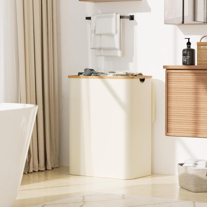 Кошик для білизни Youdenova з кришкою, великий, 160л, бамбук та дерево, сортувальник для білизни, білий