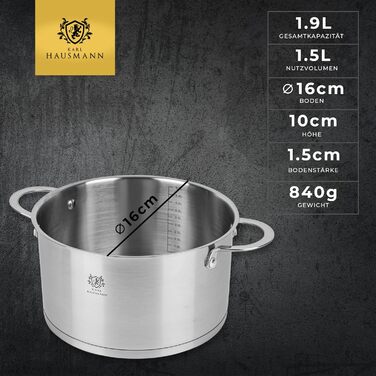 Нержавіюча каструля Karl Hausmann 3.6L, Ø 20 см - каструля для індукційних плит та всіх типів плит з кришкою, суповий та паста-топ, нержавіюча сталь