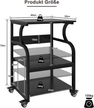 Регульований стіл для принтера PUNCIA з 3 полицями, з роликами, мобільний візок для принтера з дерева та металу, чорний (60 x 50 см)