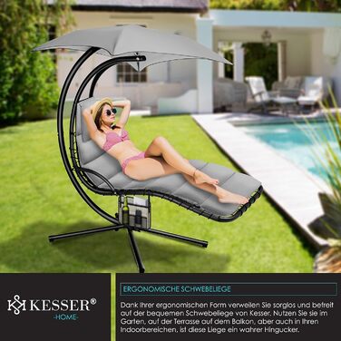 Кесер® Плаваюча лежанка з парасолькою, гамак-лежанка, сонячна лежанка H200, L194, B100 см, лежанка для відпочинку, гамак-шезлонг, до 120 кг, з подушкою для шиї, сумка в комплекті (Сірий)