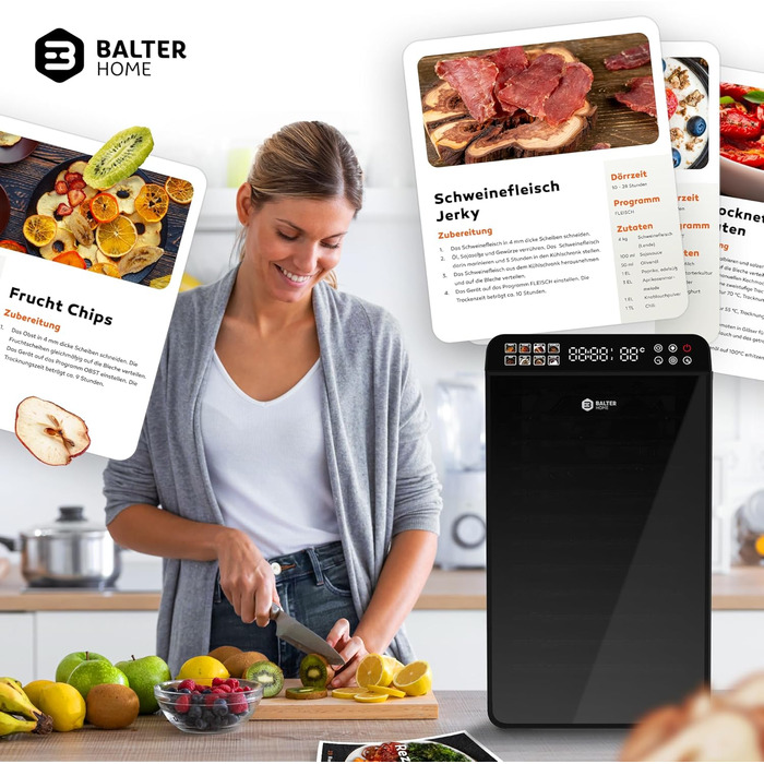 Електрична сушарка для фруктів та овочів Balter з нержавіючої сталі, 12 ярусів, 1100 Вт, 70 л об'єм, 12000 см² поверхня сушіння, BPA-free, 35–75 °C, таймер до 72 год