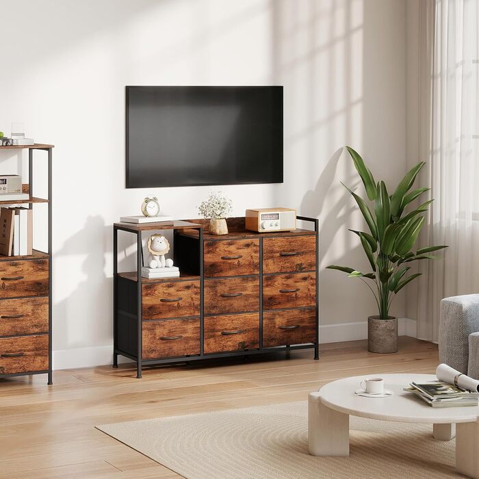 Комод Somdot для спальні, вітальні, передпокою з висувними ящиками, LED-підсвічуванням та розеткою (2 AC, 1 USB, 1 Type-C), 5 тканинних ящиків, білий, 29T x 66,5B x 70,5H см (декор під дерево, 29T x 99B x 70.5H см (8 ящиків))