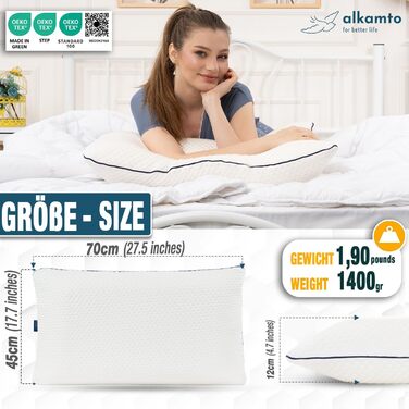 Подушка з піною з пам'яті Alkamto 70 x 45 см - ергономічна підтримка шиї - сертифікат Oeko-Tex - терморегулююча наволочка - гіпоалергенна та придатна для прання - для сну на спині та на боці 70 x 45 x 12 см