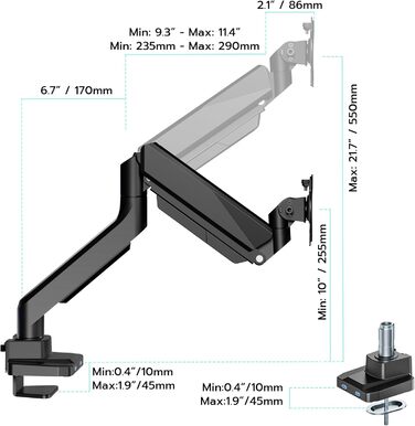 Кріплення для монітора ARES WING з USB A/C, 17'-45', регулювання висоти, максимальне навантаження 18 кг, VESA 75/100 мм, білий (чорний)