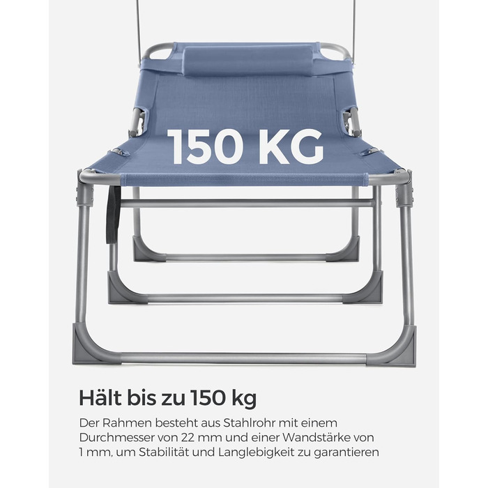 Лежак для відпочинку SONGMICS, розкладний, 193 x 53 x 29 см, до 150 кг, з підголовником, регульована спинка, для саду, басейну, тераси (Блакитний)