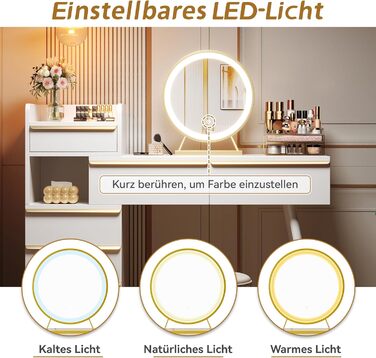 Туалетний столик Merax з дзеркалом та LED-підсвіткою, з поличкою, 6 висувних ящиків, золоті ручки, білий, 102x100x41.5 см (без табуретки)