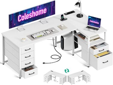 Комп'ютерний стіл Coleshome L-подібної форми з ящиками для документів, USB-роз'ємом та розеткою, для дому та офісу (білий, 140x70 см)