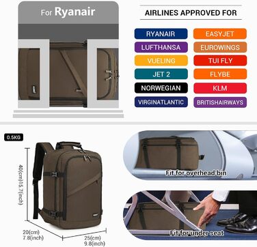 Кабінний рюкзак Kono 40x20x25 см для Ryanair, 20L, мінімалістичний, коричневий