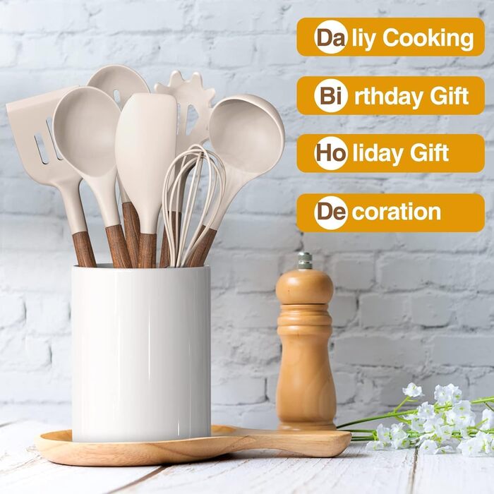 Набір кухонних аксесуарів Kochutensilien, 8 предметів з дерев'яними ручками, силіконовий набір, антипригарне покриття, термостійкий, легке очищення (Хакі)