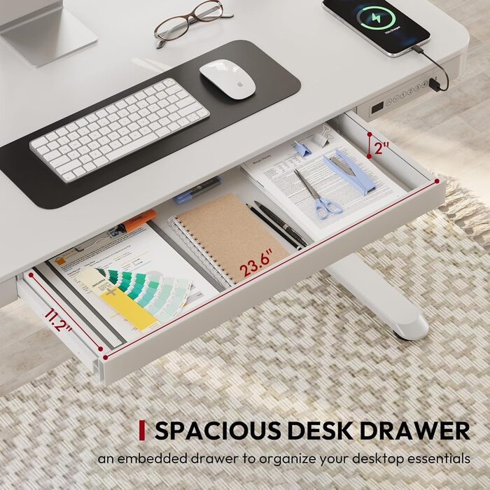 Електричний регульований стіл Sanodesk з ящиком, сенсорним керуванням та USB-портами, 120 x 60 см, білий колір, білий каркас, висота 73.5-118 см