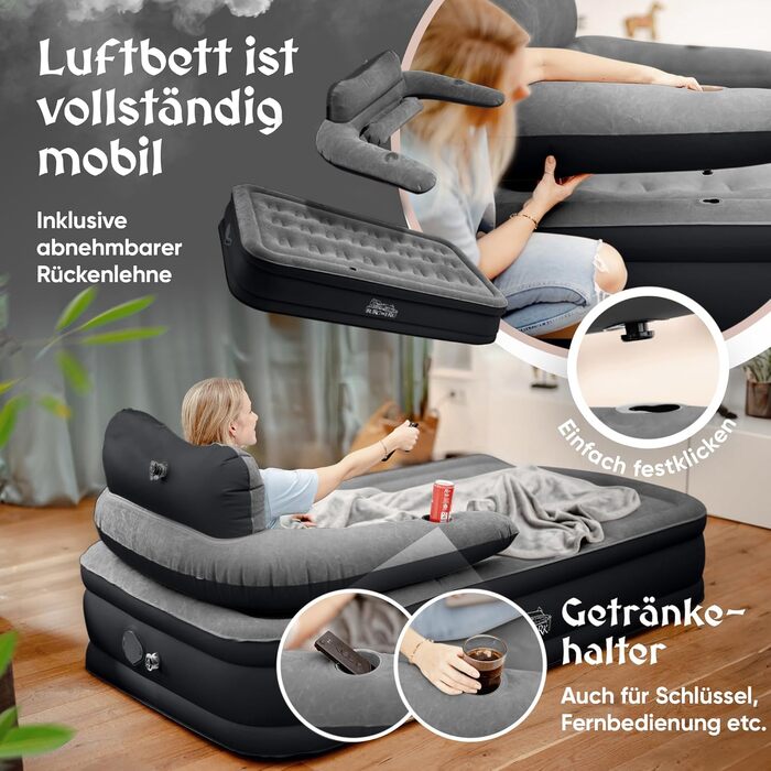Надувне ліжко 3-в-1 | Гостьове та кемпінгове ліжко | Надувна матрац з електропомпою 150x200 | Самостійно надувна ліжко (1 особа, Чорний/Антрацит)