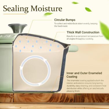 Чавунна казан-каструля Overmont з емалевим покриттям 26см, 5.2л, Bean Green — універсальний горщик для тушкування та запікання з кришкою та кулінарною книгою