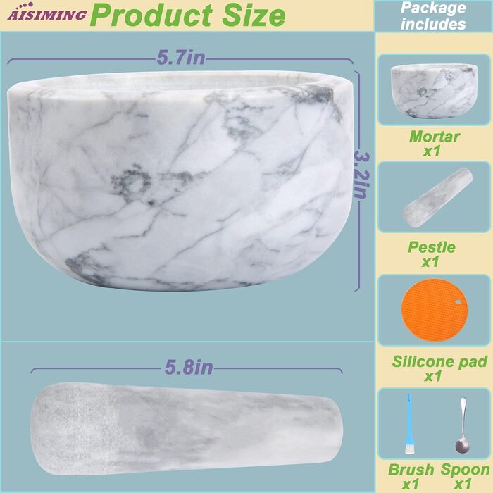 Набір ступки та пестика для гуакамоле, полірований натуральний мармур, великий, білий, сірий