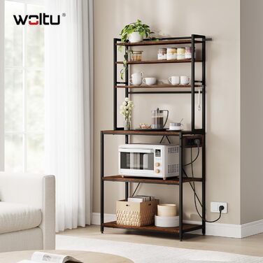 Кухонна полиця WOLTU з 6 ярусами, з розетками, для мікрохвильовки, з металевим каркасом, регульовані полиці, чорний+рустичний коричневий, 60 x 167 x 40 см (чорний+вінтажний коричневий, 80 x 39,5 x 167 см)