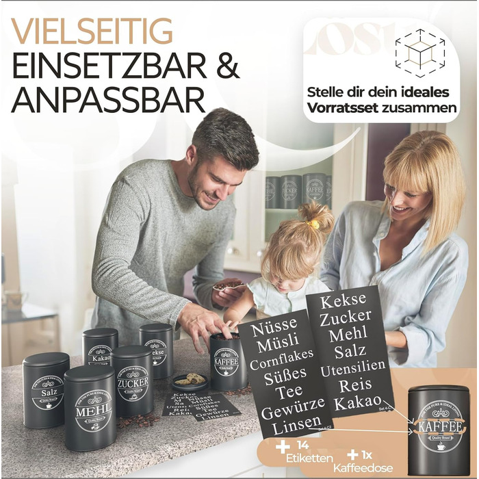 Набір контейнерів для зберігання продуктів IDEALTASTIC® Premium: кава, цукор, борошно (3 шт x 500г) - герметичні, чорні, матові