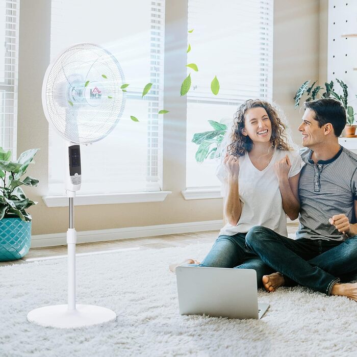 Підлоговий вентилятор HOMCOM 138 см, сталевий, білий, з таймером 5 год, пультом ДК, регульована висота, 3 швидкості