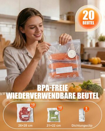 Вакууматор Babacom портативний з резервуаром для води, потужність 60кПа, автоматичний вакуумний пакувальник з пульс-функцією для делікатних продуктів, 20 багаторазових пакетів у комплекті